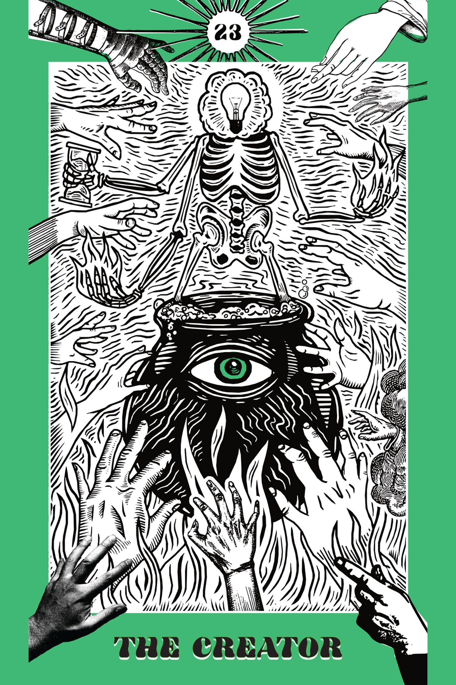Tarot card featuring a bubbling cauldron with an eyeball. It is surrounded by flames.